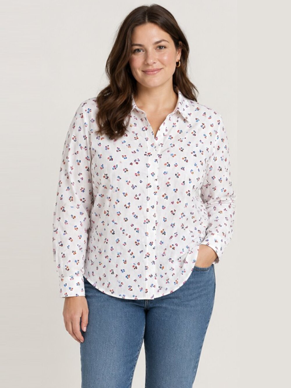 Boden Sienna Floral Cotton Long Sleeve Button Down Ivory Rose Sprig, sz 16-18R
